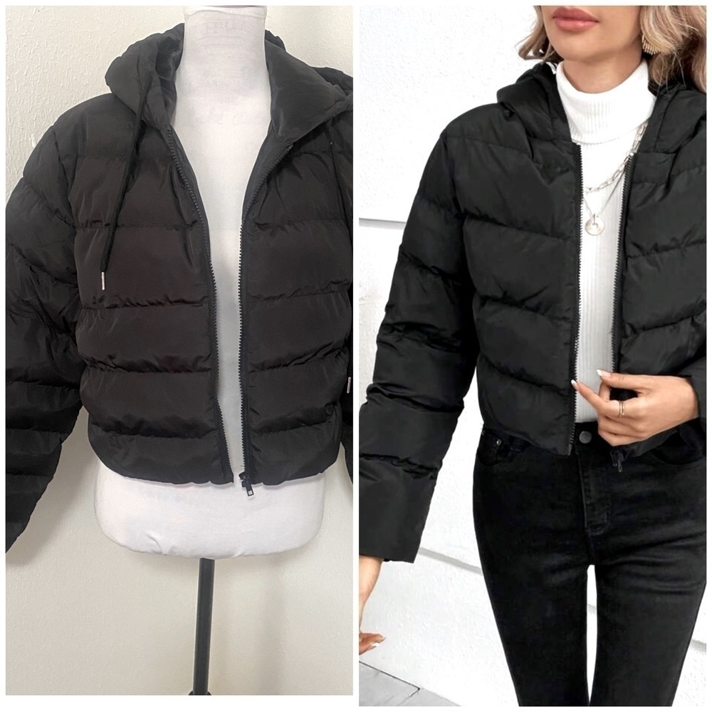 NWT SHEIN DAZY Women’s Black Size Large Short Cropped Hooded Puffer Coat Zip